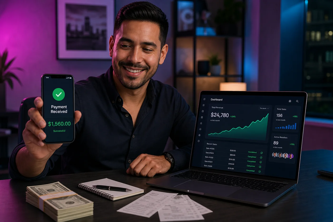 Emprendedor revisando los ingresos de su negocio de Streaming TV